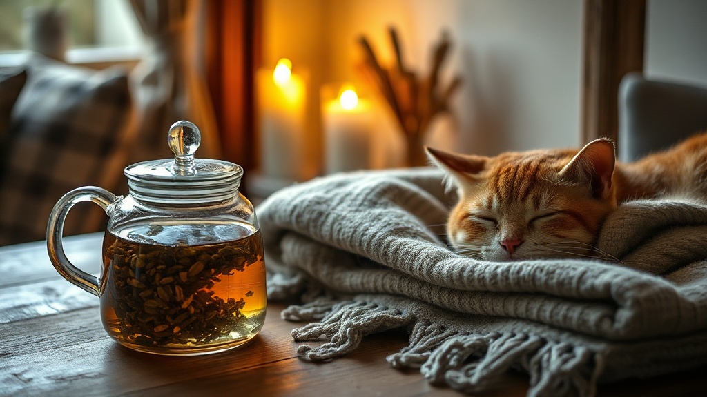 Théière en verre et chat endormi dans une ambiance cosy du soir