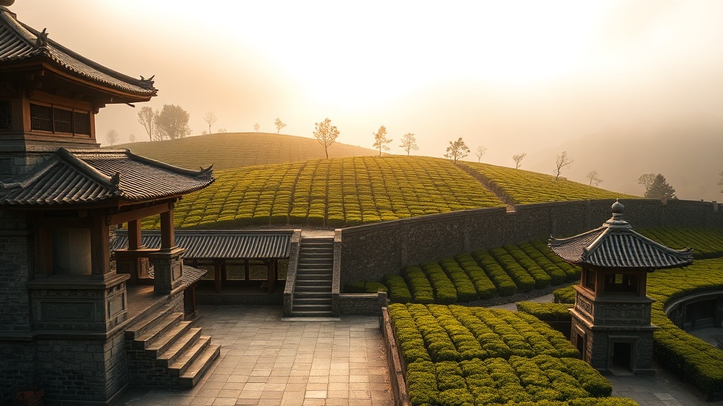 Temple bouddhiste entouré de plantations de thé sur des collines brumeuses en Asie