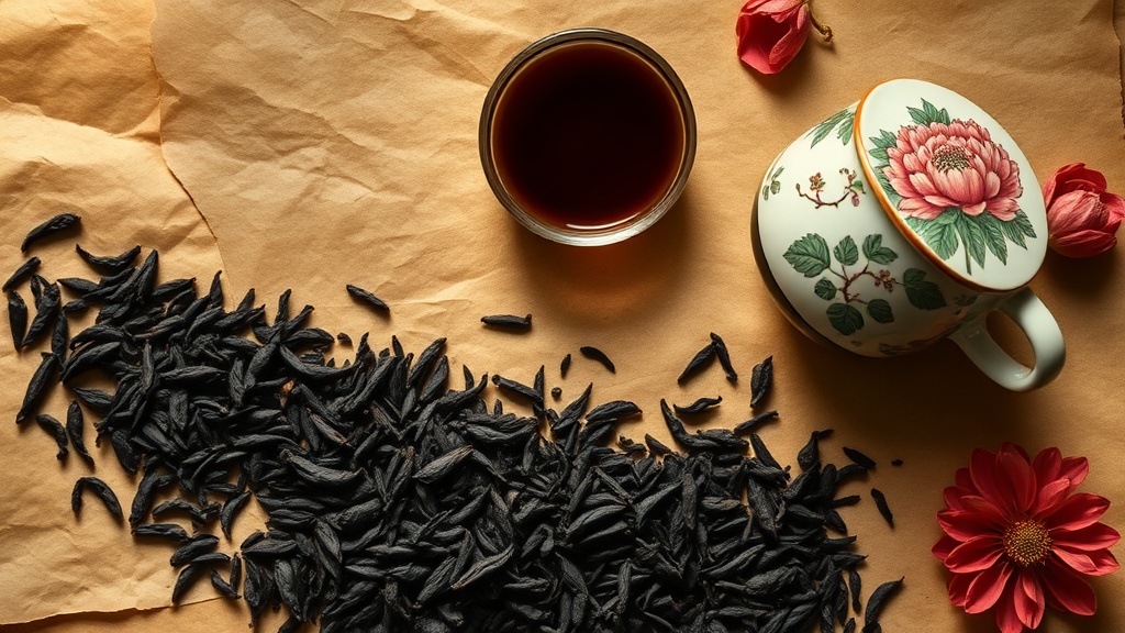 Feuilles de thé oolong Da Hong Pao sur parchemin avec une petite tasse en céramique