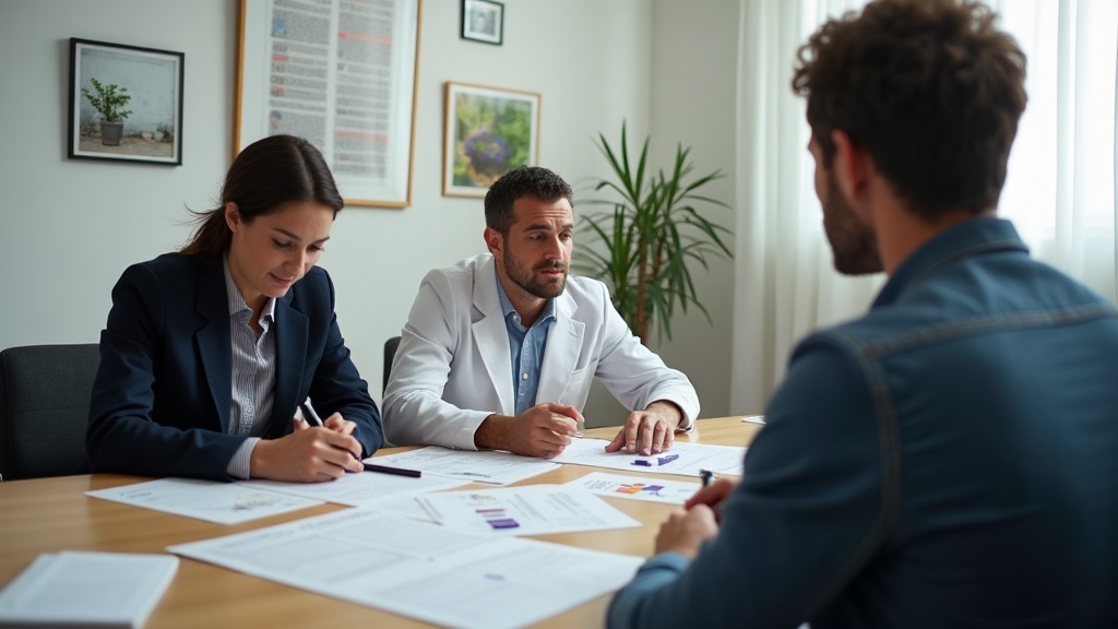 Profissionais de diferentes áreas avaliando planos de conteúdo e tamanho de artigos em reunião.