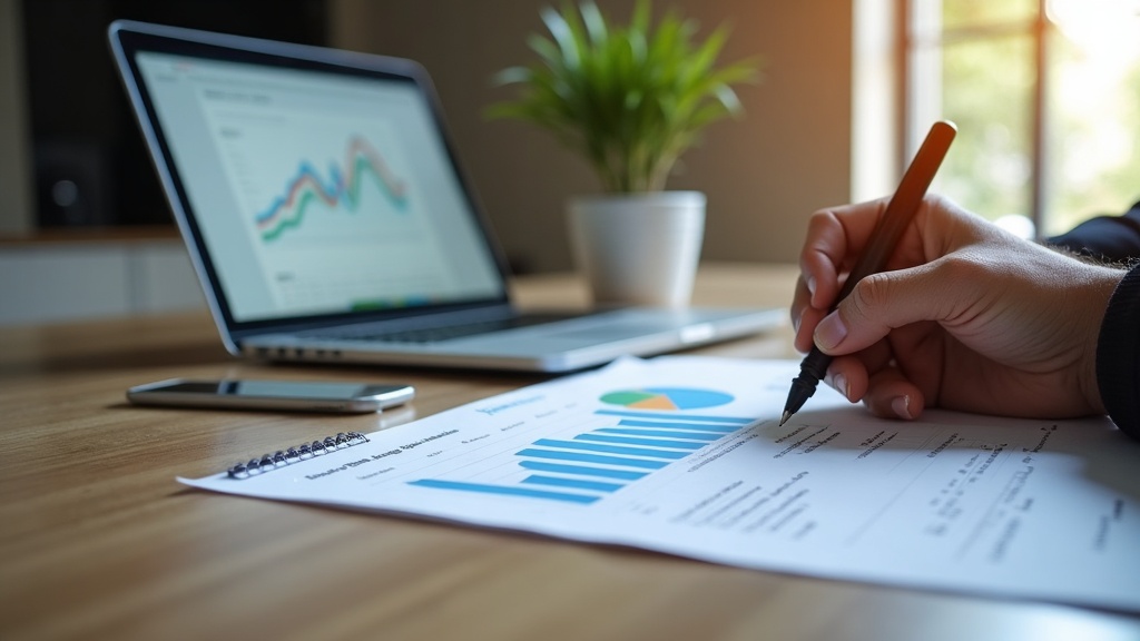 Empreendedor analisando métricas de artigos longos em relatório no notebook e impressos na mesa.
