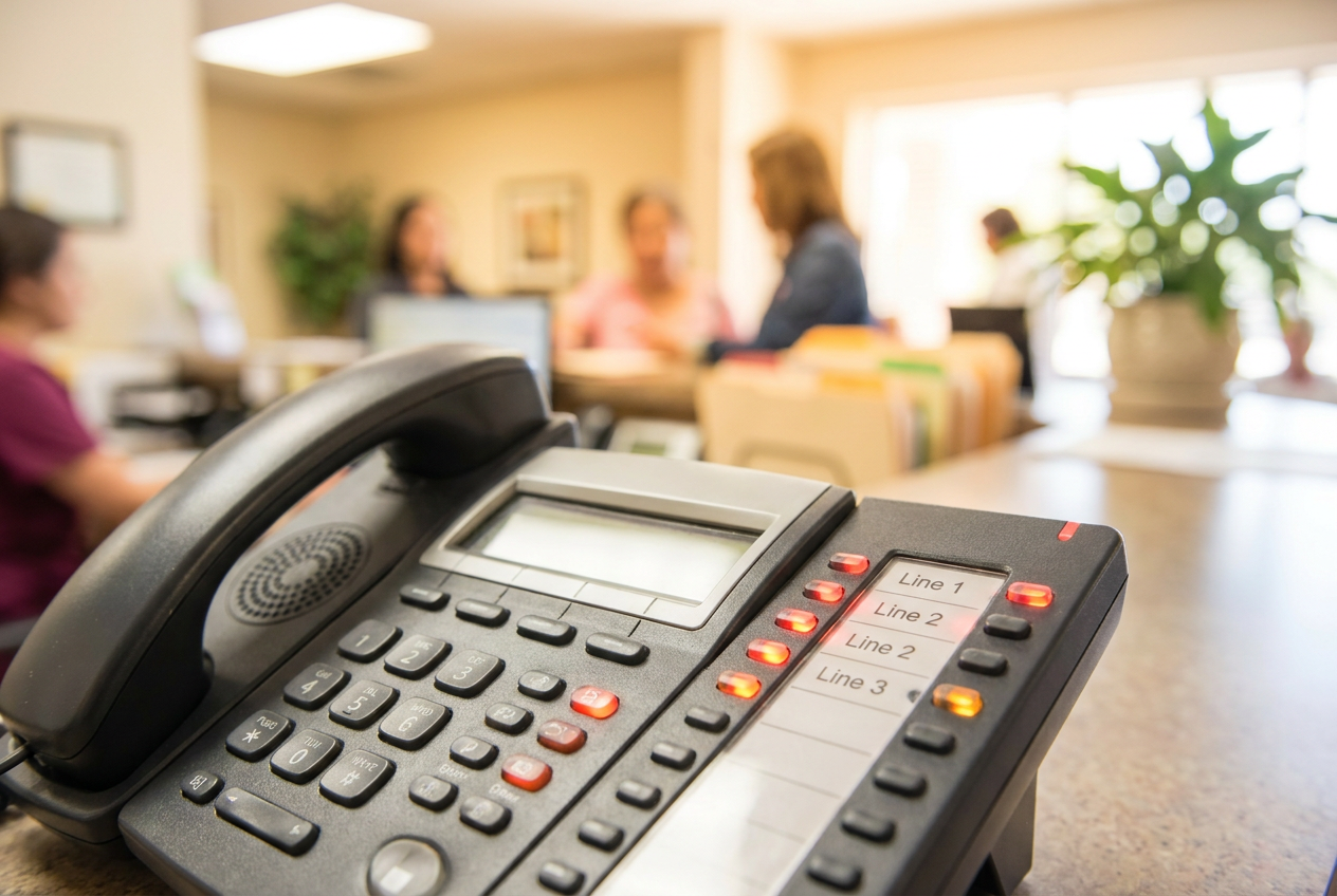 Telefoon van een huisartsenpraktijk met meerdere oplichtende lijnen tijdens de ochtenddrukte