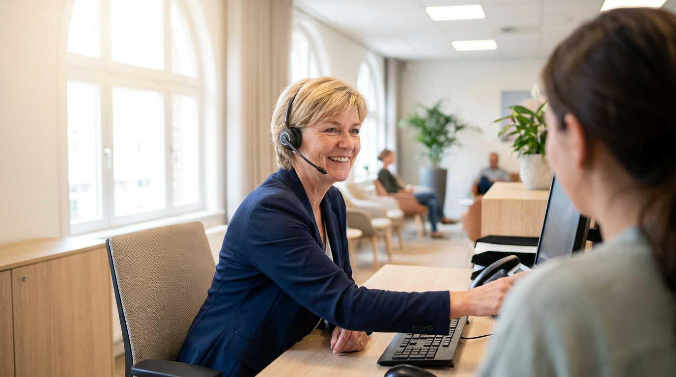 Vriendelijke doktersassistente met headset beantwoordt de telefoon aan de balie van een huisartsenpraktijk