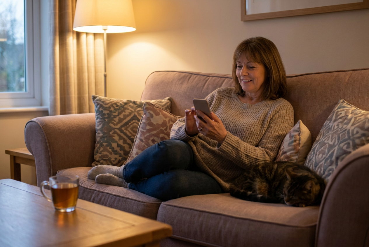Tevreden patiënt maakt thuis ontspannen een afspraak bij de huisarts via de smartphone