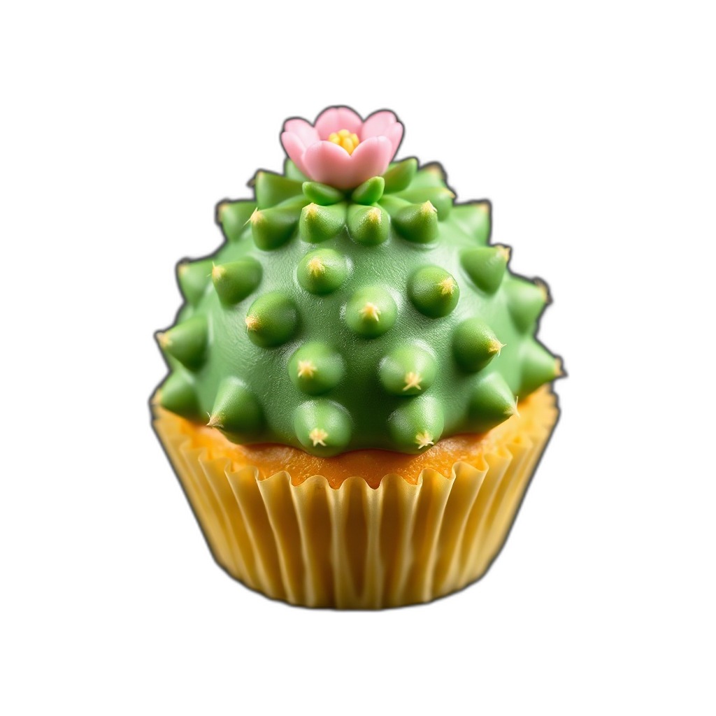 Cactcake — a cactus fused with a cupcake: a round frosted cupcake whose frosting is spiky green cactus, a little pink flower on top, sitting in a ribbe