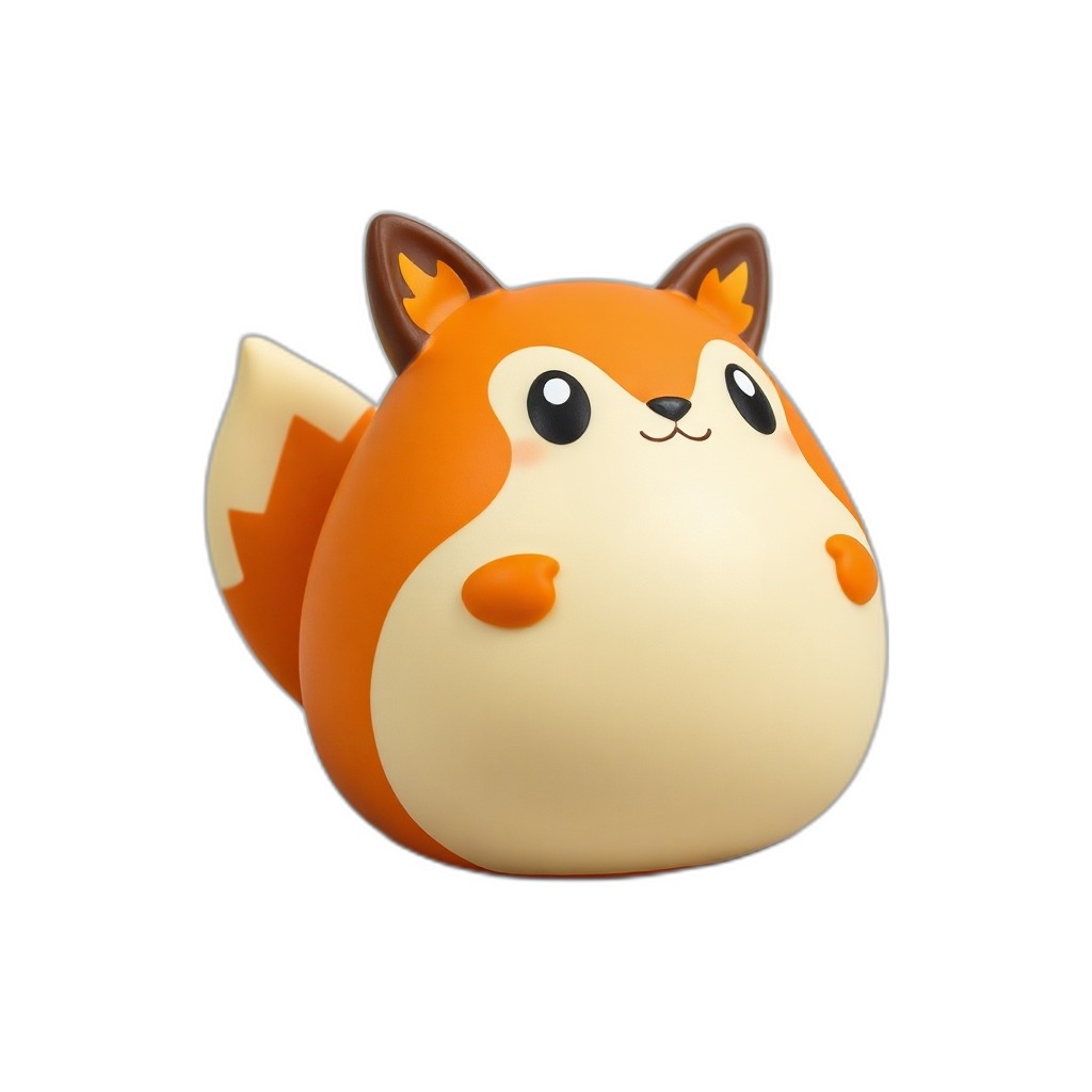 Emberkit — Emberkit, an original pocket-monster-style creature: a chubby round fox cub with soft orange fur, a cream belly, big amber eyes, flame-shape