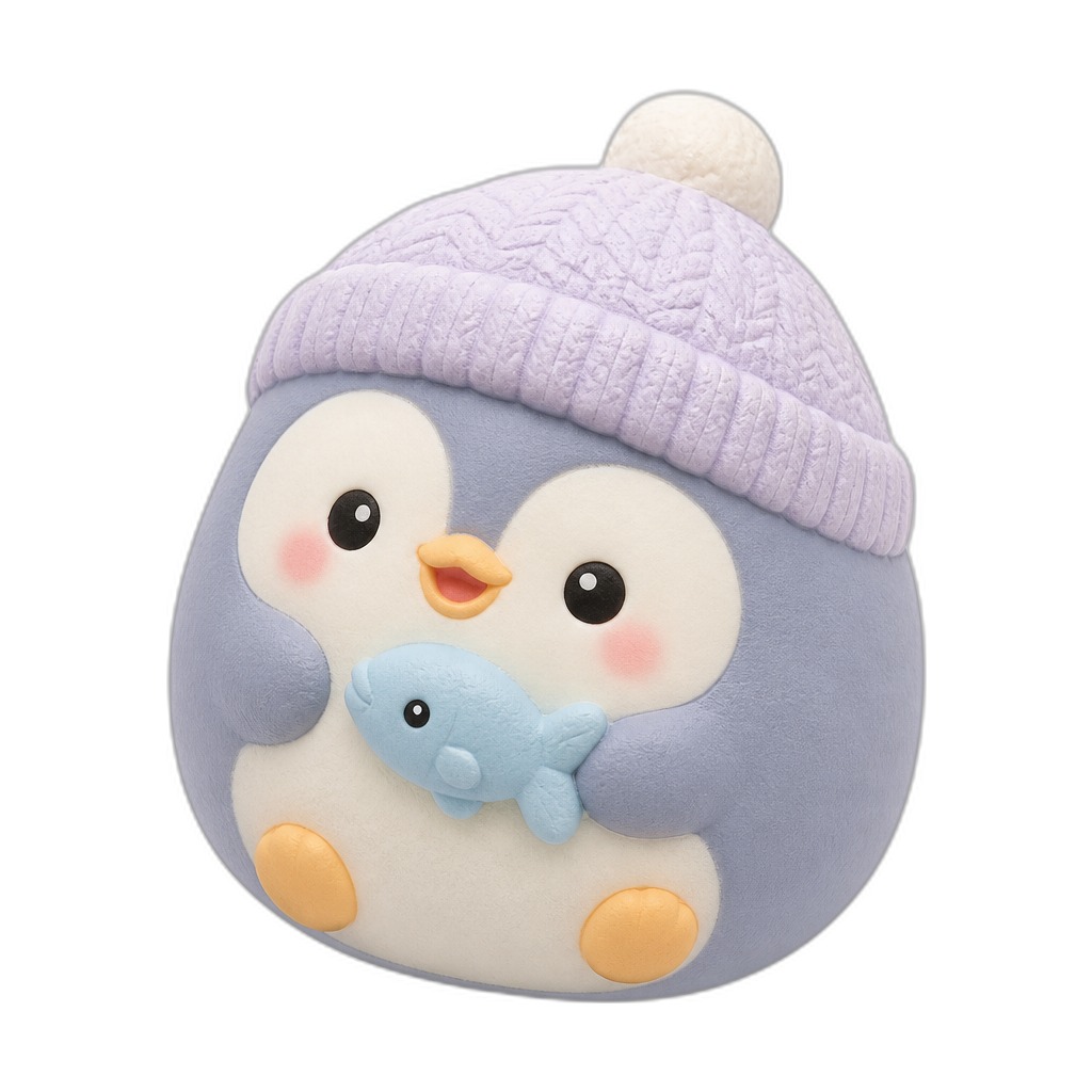 Captain Waddles — Captain Waddles is a chubby baby penguin in a cozy bobble hat, clutching a fish with rosy cheeks.