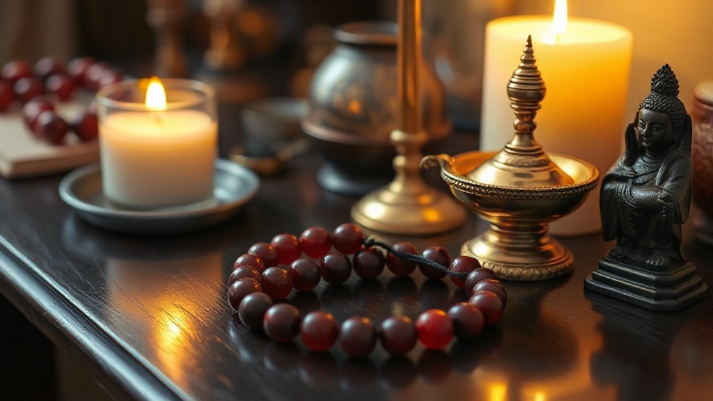 Red jasper mala beads and small brass lamp on a Tibetan Buddhist home altar