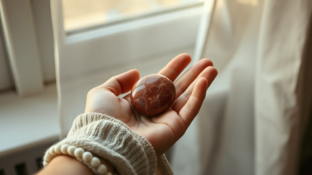 Hand holding a polished red jasper palm stone with a mala draped over the fingers