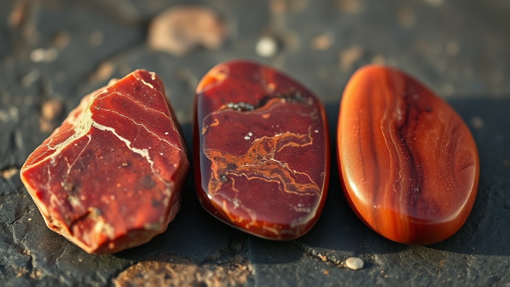 Raw and polished red jasper specimens showing microcrystalline texture and iron-oxide red color