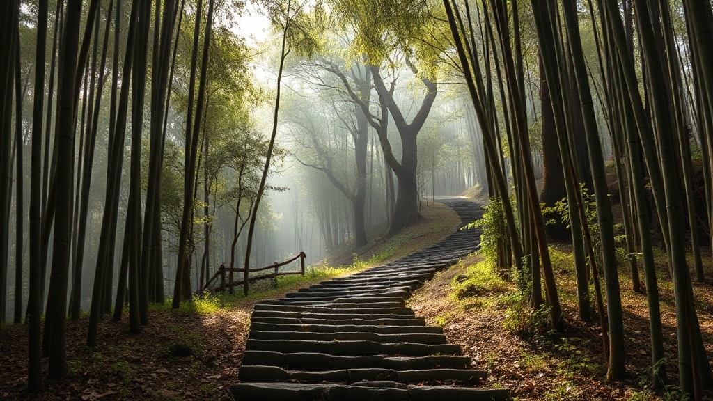 Chemin de pierre menant au mont Baohua à travers une forêt de pins et de bambous
