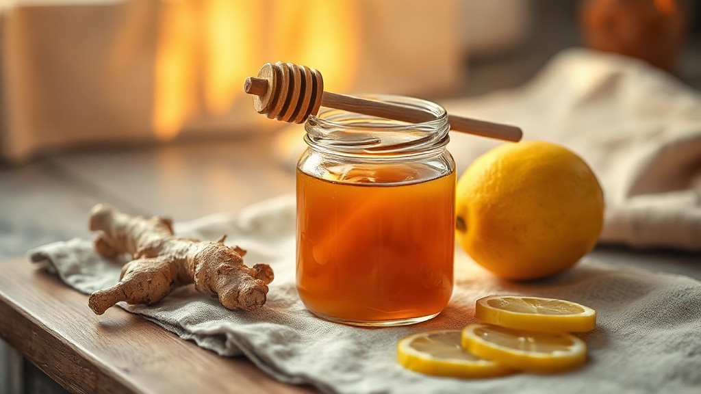 Bocal de sirop de gingembre maison doré avec racine fraîche et cuillère en bois