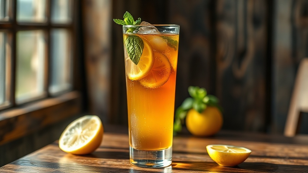 Verre de thé au gingembre glacé avec citron et menthe fraîche pour l'été