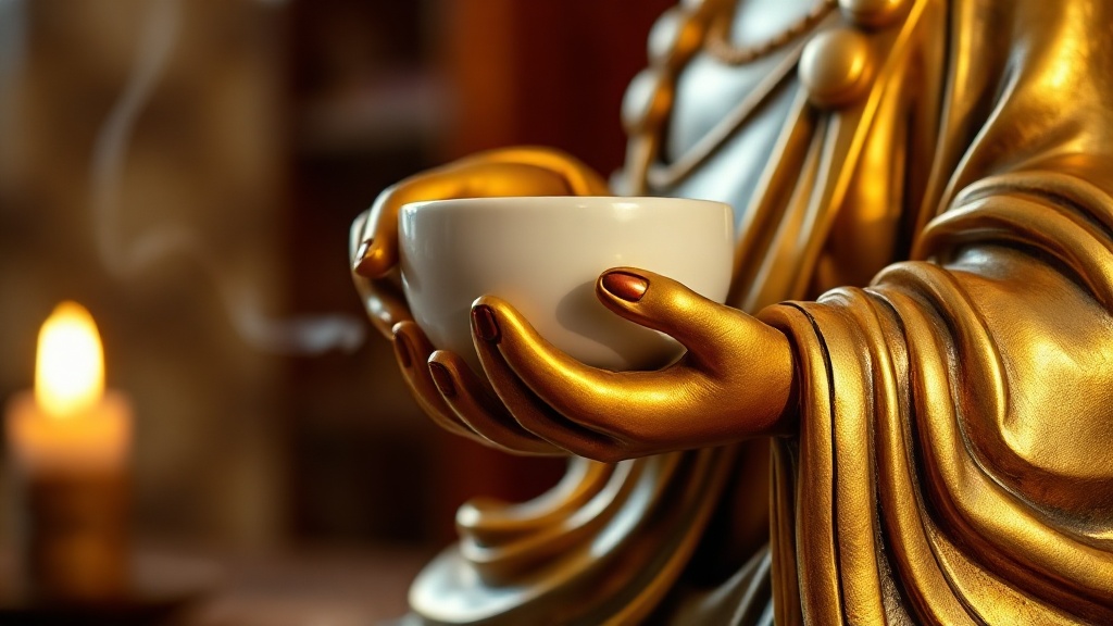 Main dorée d'une statue de Guanyin tenant un vase en céramique blanche, lumière de bougie