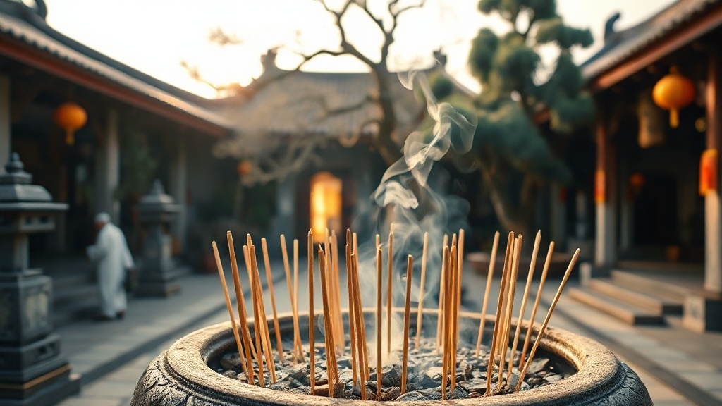Bâtonnets d'encens allumés dans un brûloir de pierre dans la cour d'un temple chinois, fumée blanche montant vers le ciel