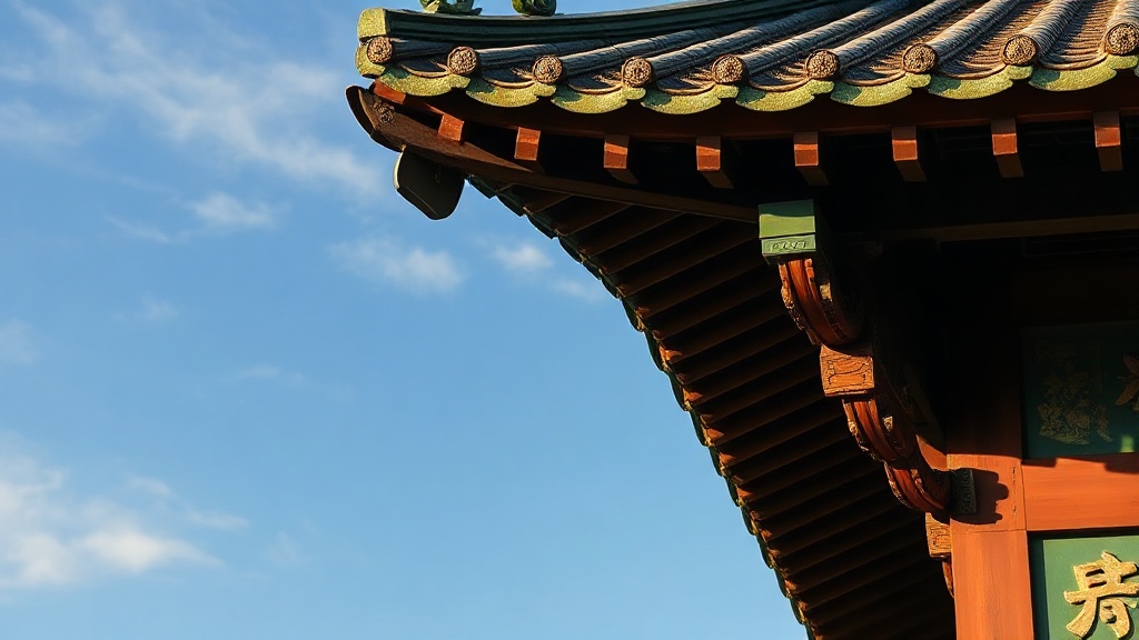 Détail des avant-toits recourbés et des consoles en bois sculpté d'un temple bouddhiste chinois