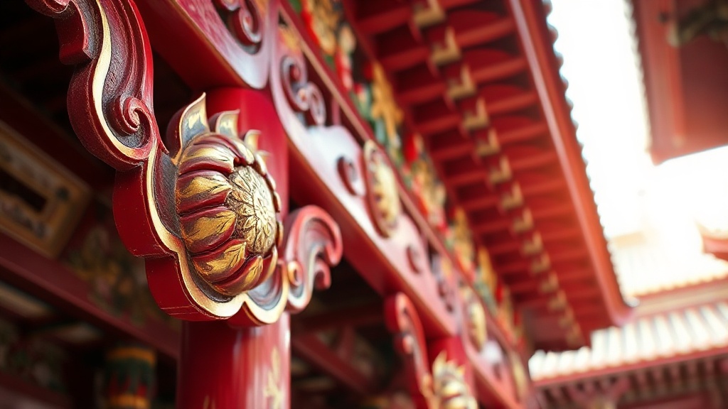 Détail sculpté d'une poutre de temple bouddhiste chinois avec motifs lotus et nuages dorés