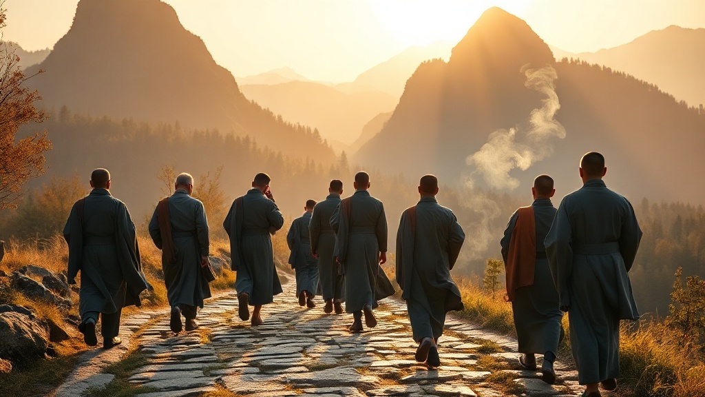 Pèlerins bouddhistes en robe grise sur le chemin du mont Jiuhua au lever du soleil