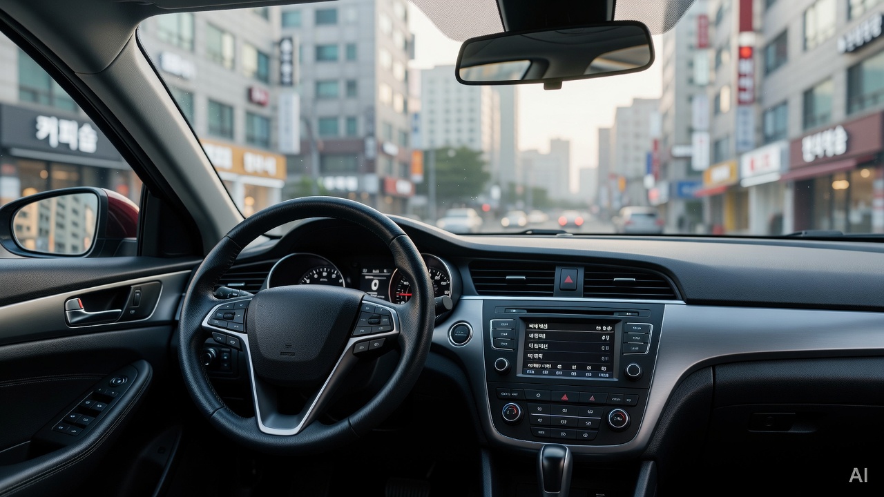 car dashboard and steering wheel viewed from driver's seat