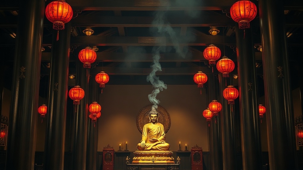 Salle principale d'un temple Chan avec statue de Bouddha dorée et colonnes laquées, encens brûlant sur l'autel