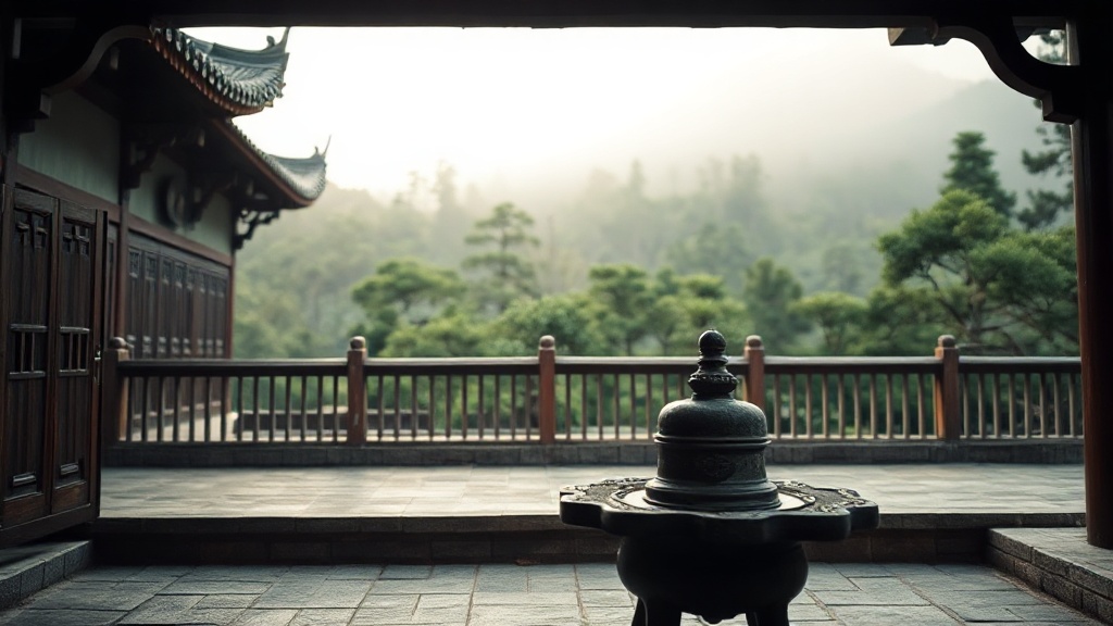 Terrasse du temple Yongfu avec brûle-encens en pierre, toiture traditionnelle et collines boisées dans la brume matinale