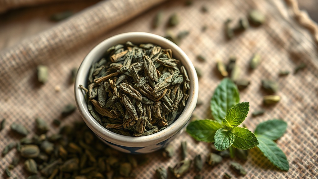 Feuilles de thé vert gunpowder et brins de menthe fraîche pour préparer le thé à la menthe