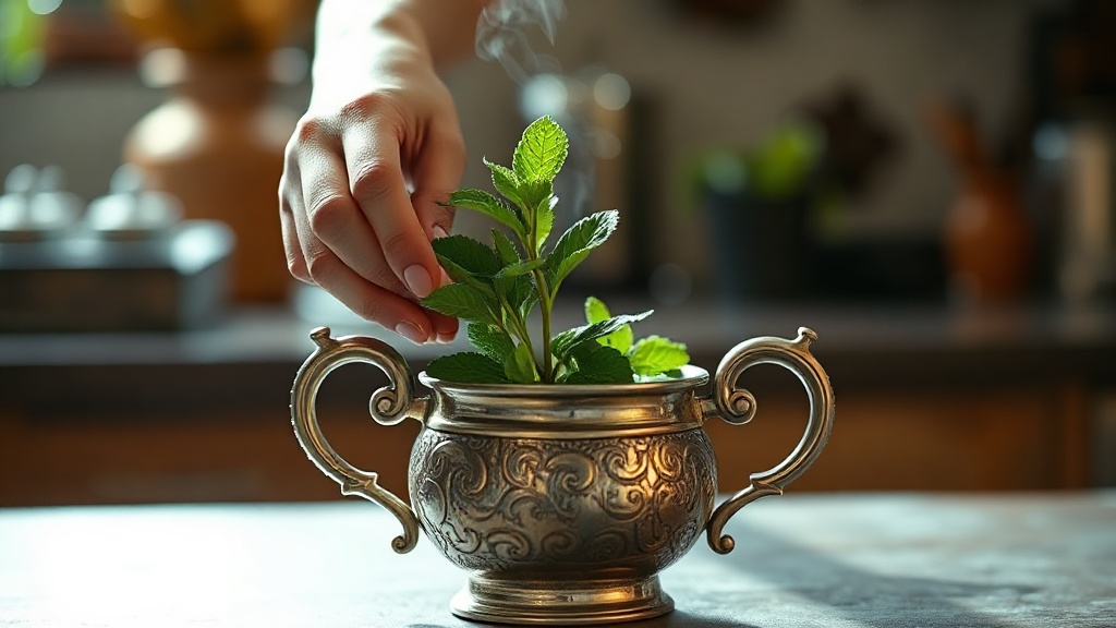 Ajout de menthe fraîche dans une théière pour préparer le thé à la menthe marocain