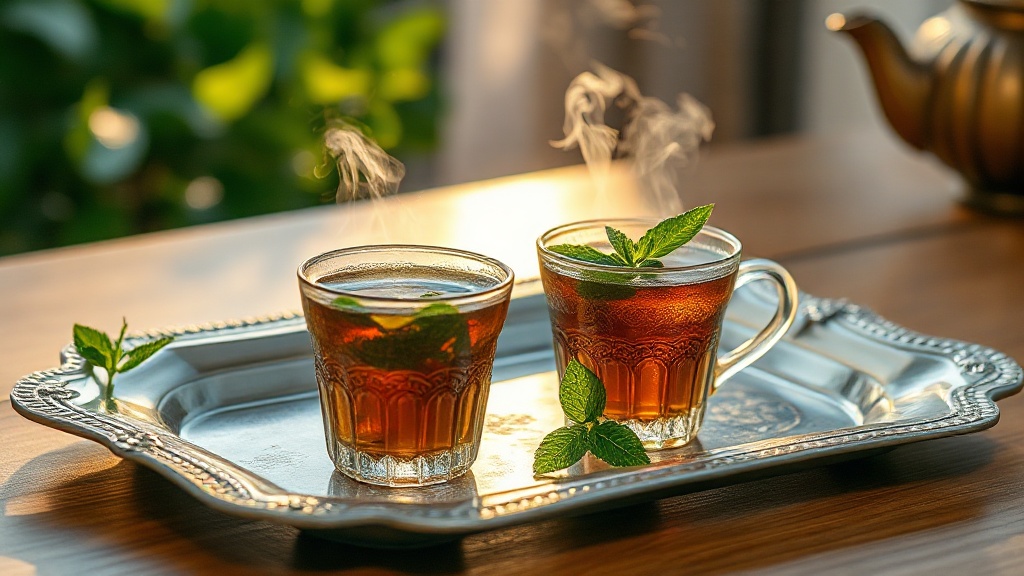 Trois verres de thé à la menthe servis sur un plateau marocain avec des brins de menthe