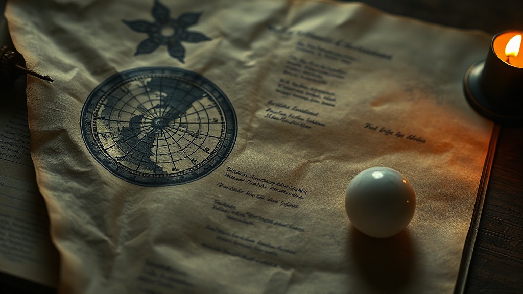 Antique celestial manuscript diagram beside a white moonstone sphere on aged parchment, warm candlelight