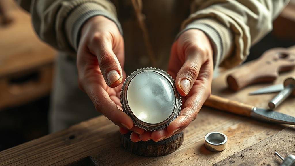 Craftsperson's hands holding a silver moonstone cabochon jewellery setting on a wooden workbench