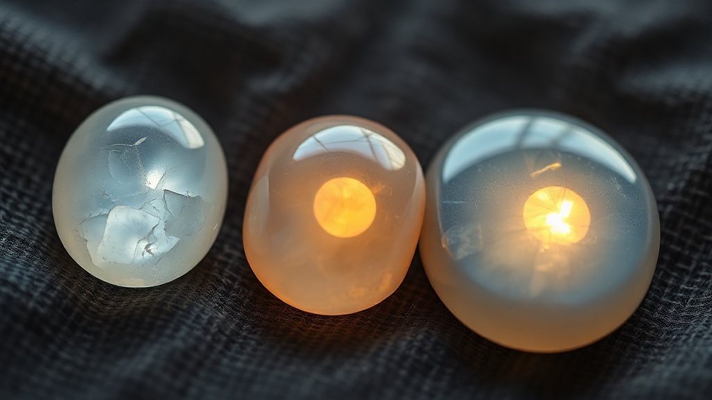 Three moonstone cabochons showing white-blue, peach, and grey varieties with adularescent glow on dark linen