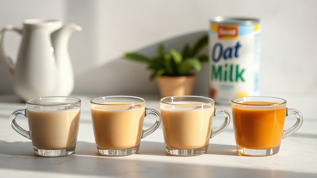 Quatre versions de thé au lait avec différents types de lait entier, lait d'avoine, lait de coco et lait concentré