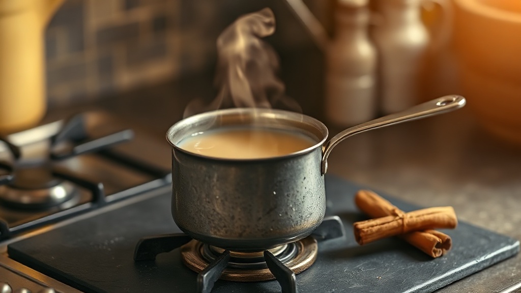 Préparation du chai indien masala dans une casserole avec cardamome et cannelle