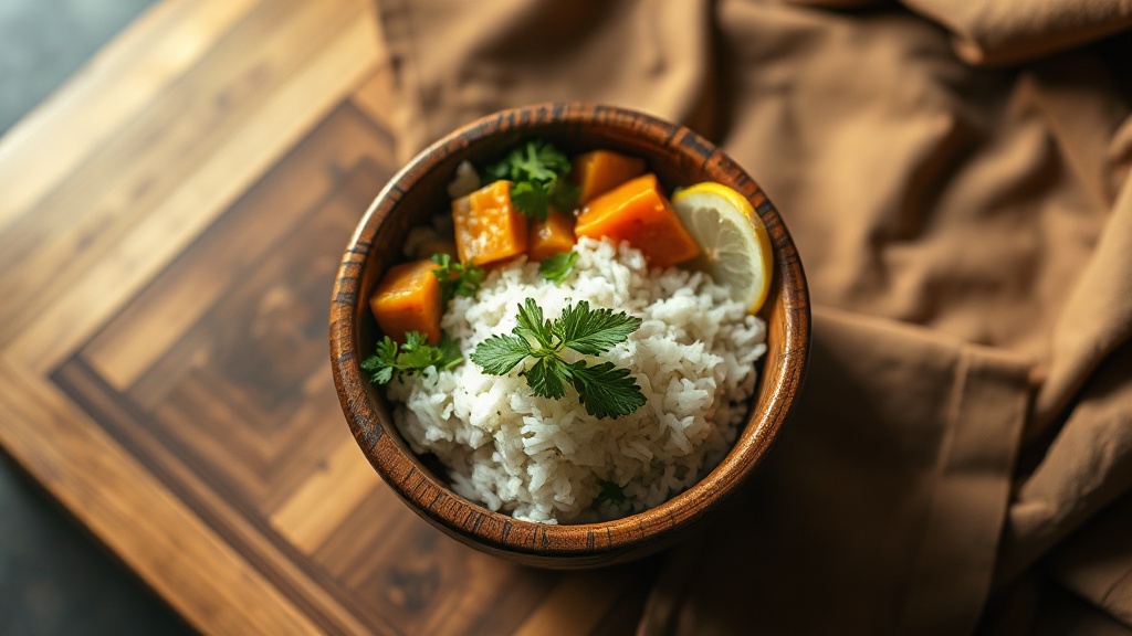 Repas végétarien bouddhiste servi dans un bol en bois laqué selon les préceptes alimentaires