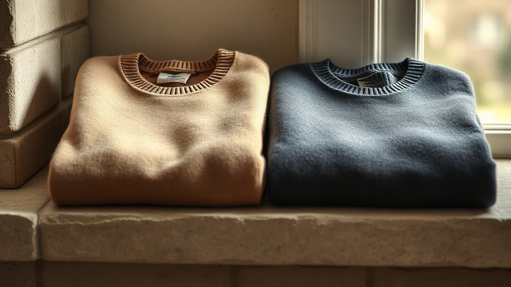 Two folded cashmere sweaters in camel and charcoal tones on a stone surface, showing different knit textures
