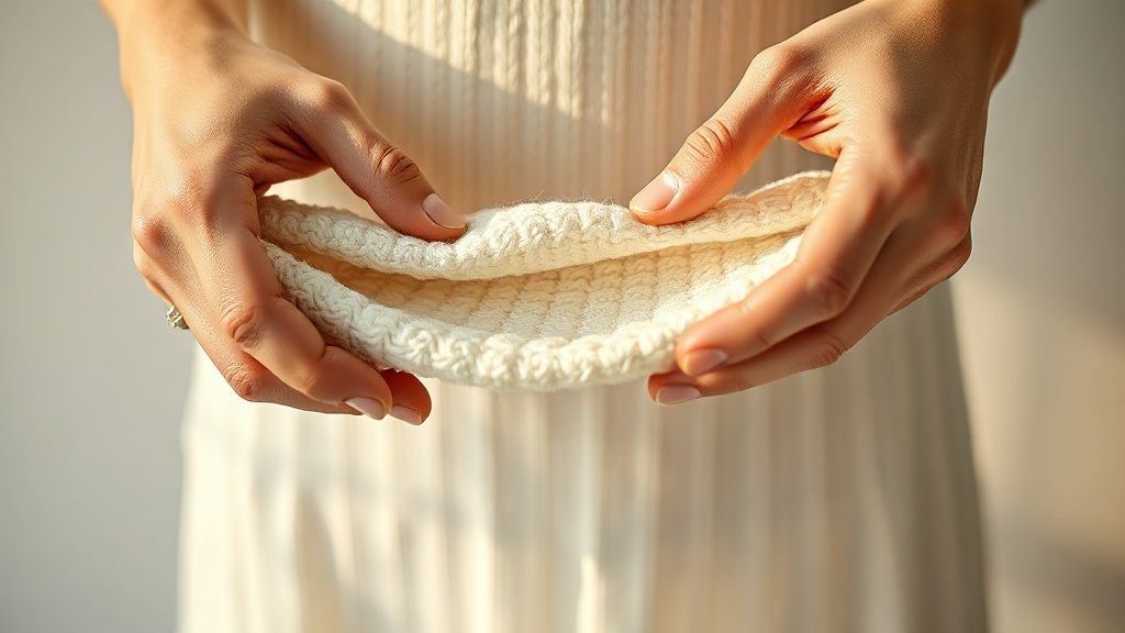 Hands gently stretching fine cream cashmere knit to examine weave structure and fiber density