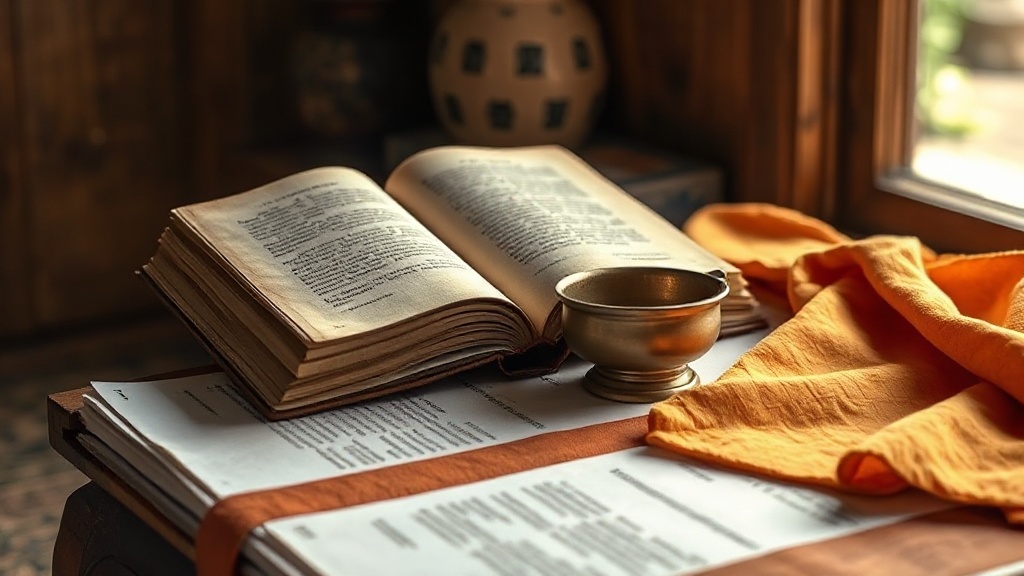 Texte de préceptes bouddhistes posé sur une table de monastère avec bol en bronze