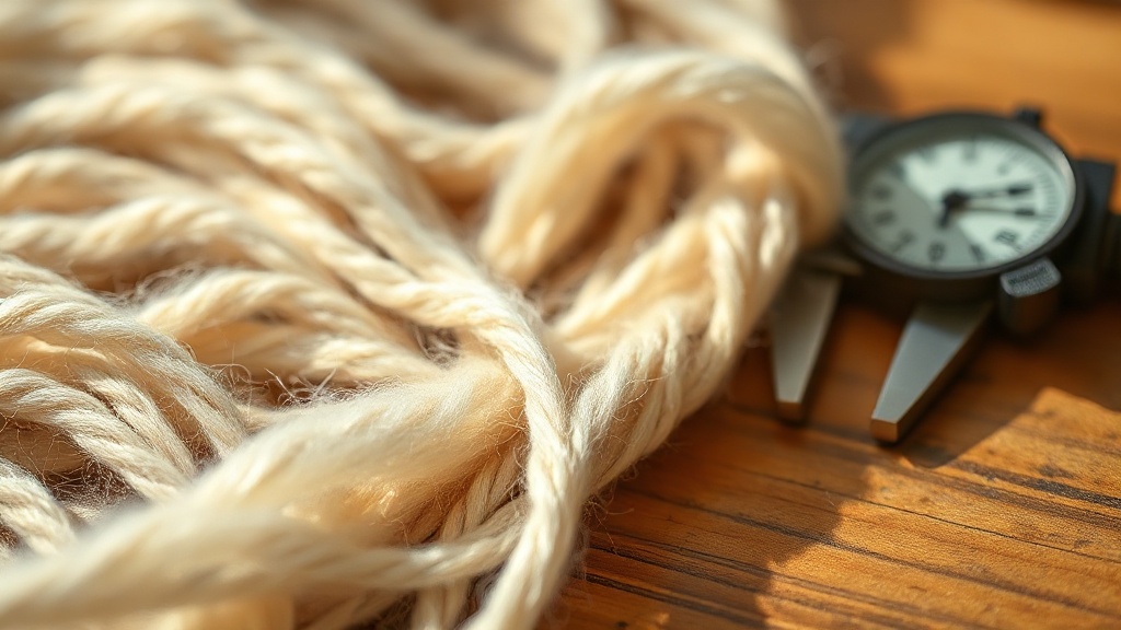 Raw cashmere fibers next to a micrometer gauge showing fiber diameter measurement on wooden surface
