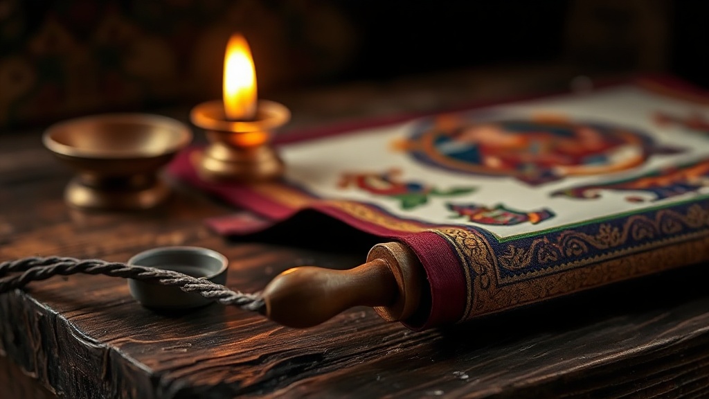 Rolled Tibetan thangka scroll with silk brocade border and wooden dowel on aged wood surface