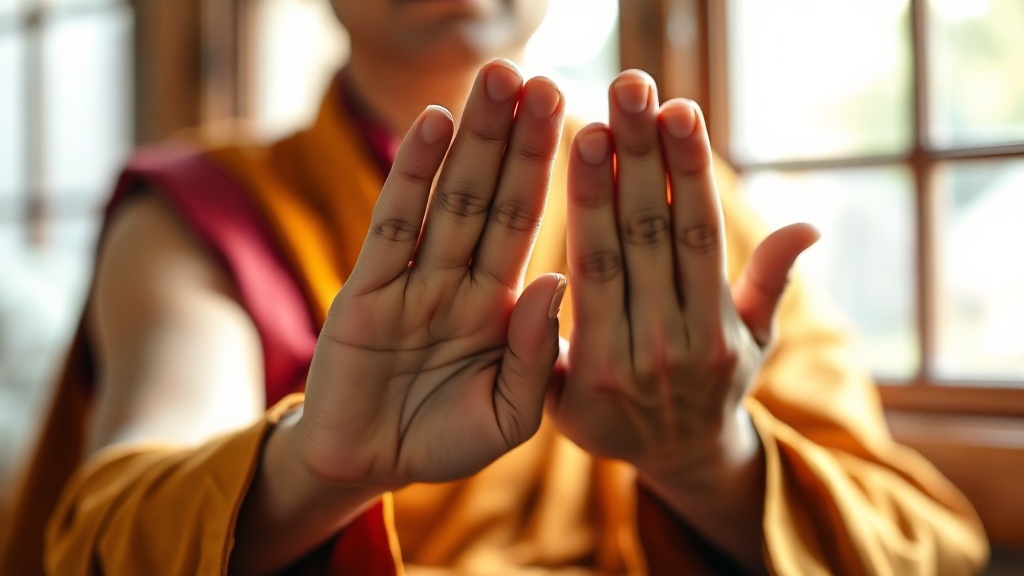 Close-up of hands forming the bhumisparsha mudra, earth-touching Buddhist hand gesture, on saffron fabric