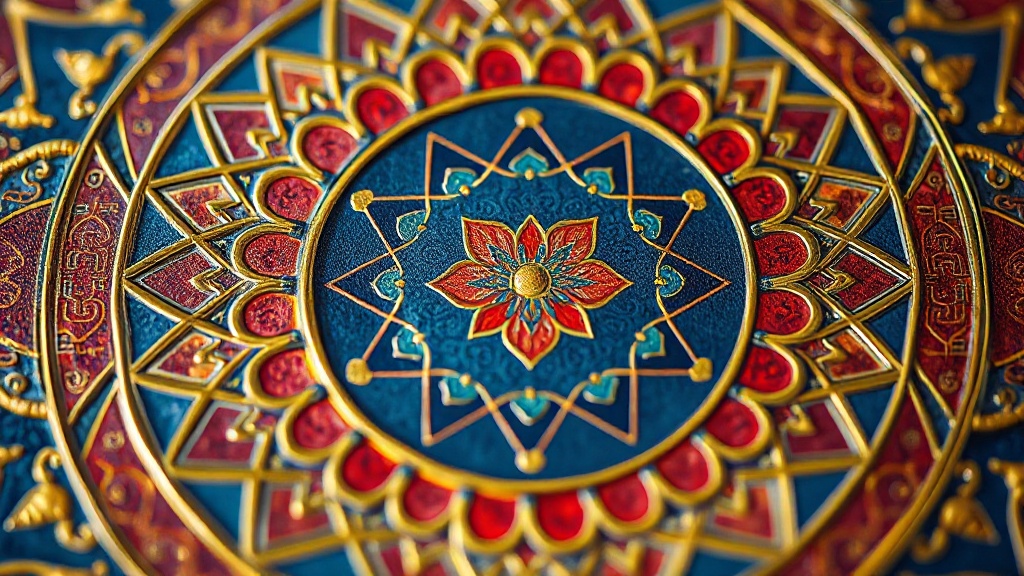 Detail of a Tibetan mandala thangka painting showing mineral pigment colors and gold brushwork on the central lotus