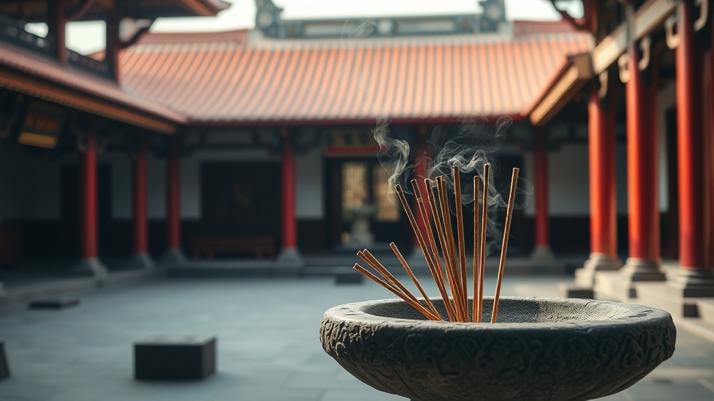 Cour intérieure d'un temple bouddhiste Chan avec brûle-encens en bronze et colonnes vermillon