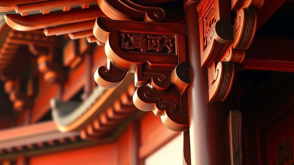 Détail des consoles dougong en bois du hall Yuan du temple Zhenru, assemblage sans clous
