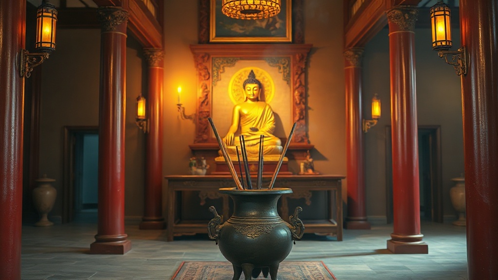 Salle principale d'un temple bouddhiste Chan du Jiangxi, avec statue dorée d'Amitâbha et bâtons d'encens