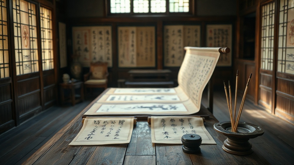 Rouleaux de peinture à l'encre de style Chan dans un atelier monastique du Jiangxi, avec pierre à encre et pinceaux en bambou