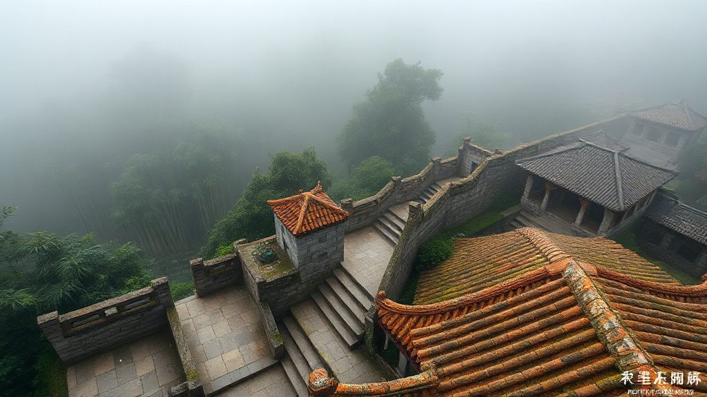 Escaliers de pierre d'un temple bouddhiste du Jiangxi serpentant dans une forêt de bambous sous la brume matinale