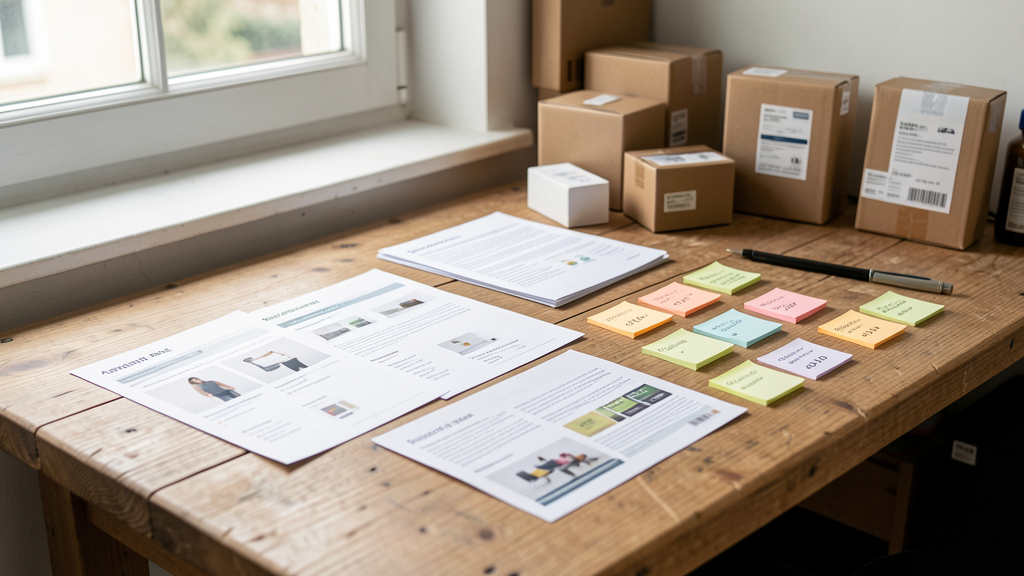 Fiches produits et post-it de priorisation publicitaire sur une table d’atelier