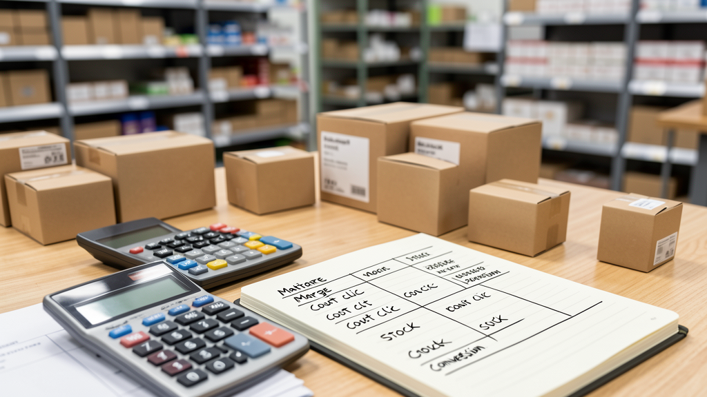 Calculatrice, carnet de marge et emballages sur une table de préparation