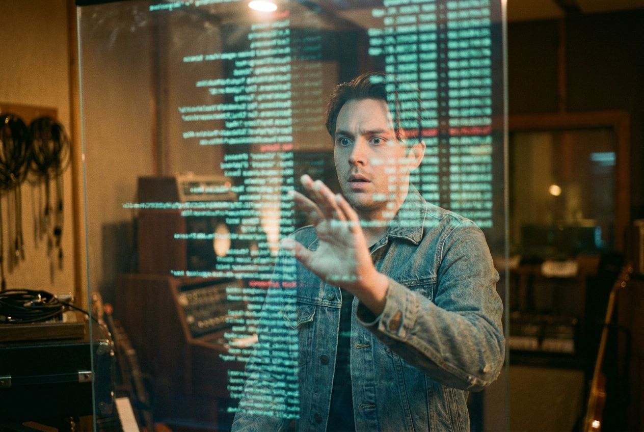 A musician looking at a massive transparent digital screen showing thousands of song titles and artist names cascading down like The Matrix, with some entries highlighted in red. The musician stands in a dimly lit studio, hand reaching toward the screen, expression of shock and disbelief. Neon data visualizations reflected on their face.