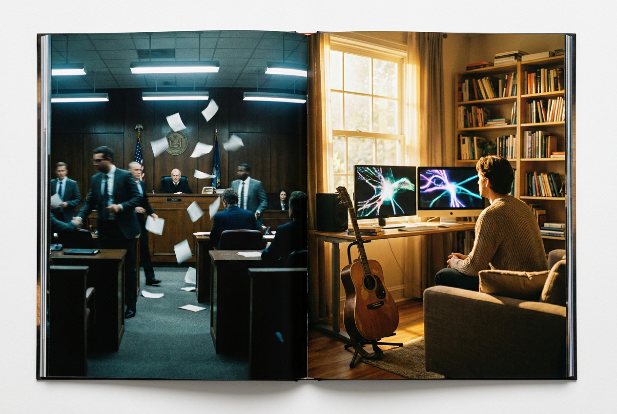 A split-screen composition showing two contrasting scenes. On the left, a chaotic courtroom with legal documents flying, representing the AI music training data controversy. On the right, a serene creative studio where a musician watches stunning AI-generated visuals dancing across multiple monitors while their guitar sits nearby, representing the clean separation between AI visuals and human-made music. Dramatic lighting contrast between the two sides.